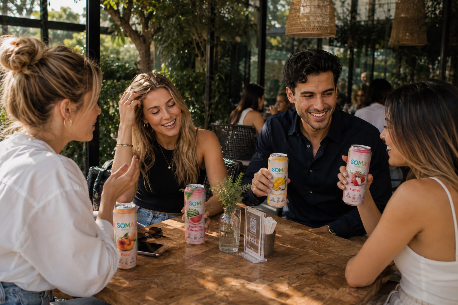 Amigos disfrutando bebidas SOMA sparkling